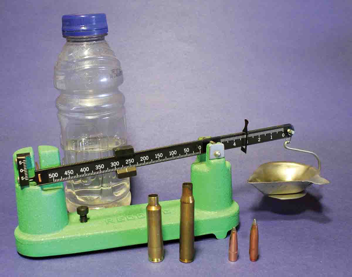After the first range session, water capacity of a fired .284 case (left) was compared to a fired .280 Remington case (right), with a pair of bullets seated to their handloaded overall length. The .280 had four percent more capacity than the .284, which means a one percent advantage on potential muzzle velocity.